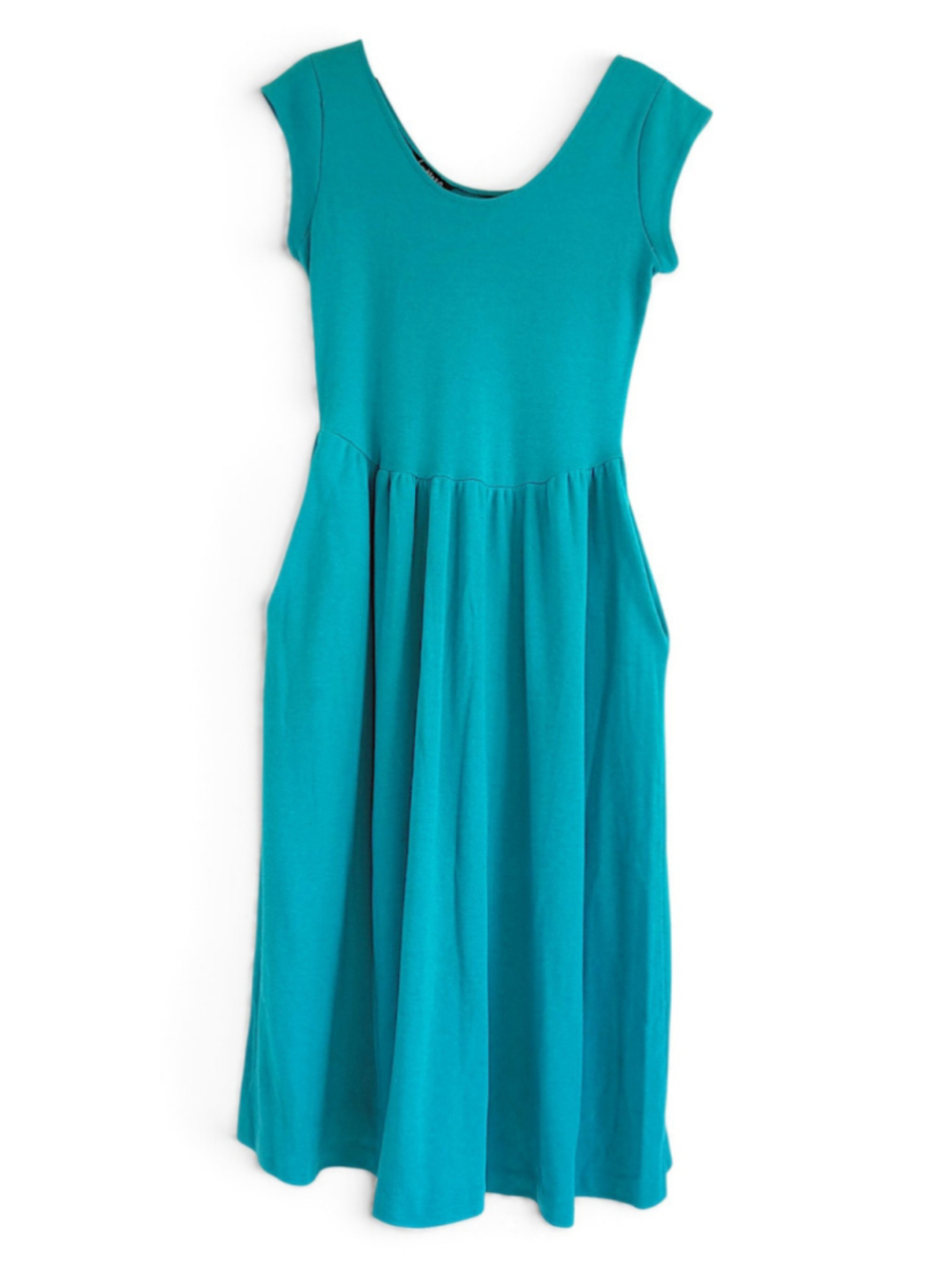 vintage Champagne West turquoise fit-and-flare midi dress cap sleeve 80s casual